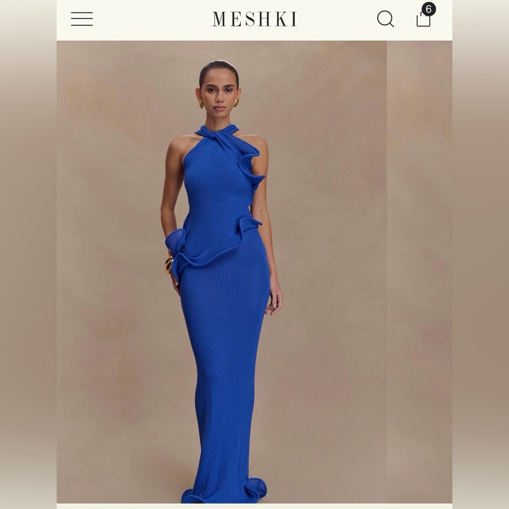 Meshki Cobalt Halter High-Low Ruffle Gown - Picture 2 of 5